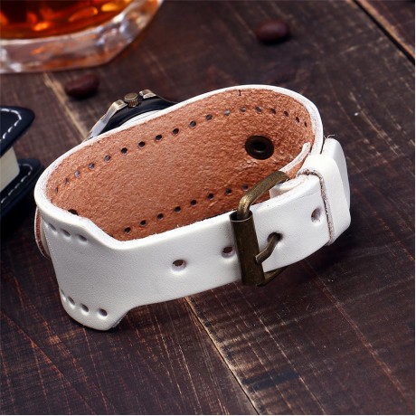 Vintage Mens Watch Bronze White Face Dial Quartz Movement Watch with Genuine Leather