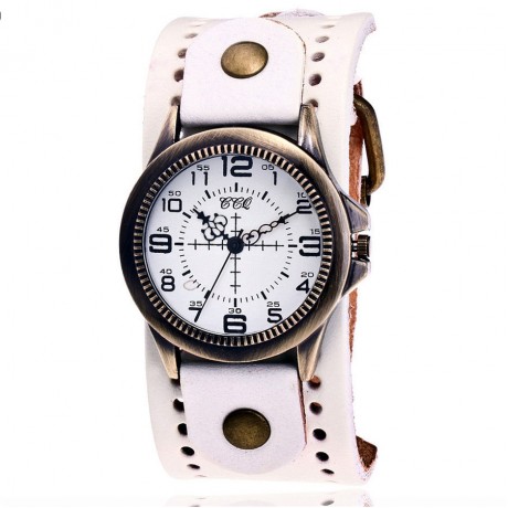 Vintage Mens Watch Bronze White Face Dial Quartz Movement Watch with Genuine Leather
