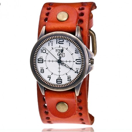 Vintage Mens Watch Bronze White Face Dial Quartz Movement Watch with Genuine Leather