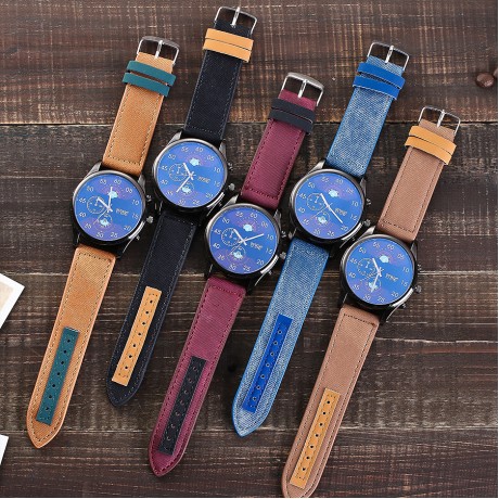 Men's Sports Watches Quartz Movement Wrist Watch with Denim Strap Fake Three Dail