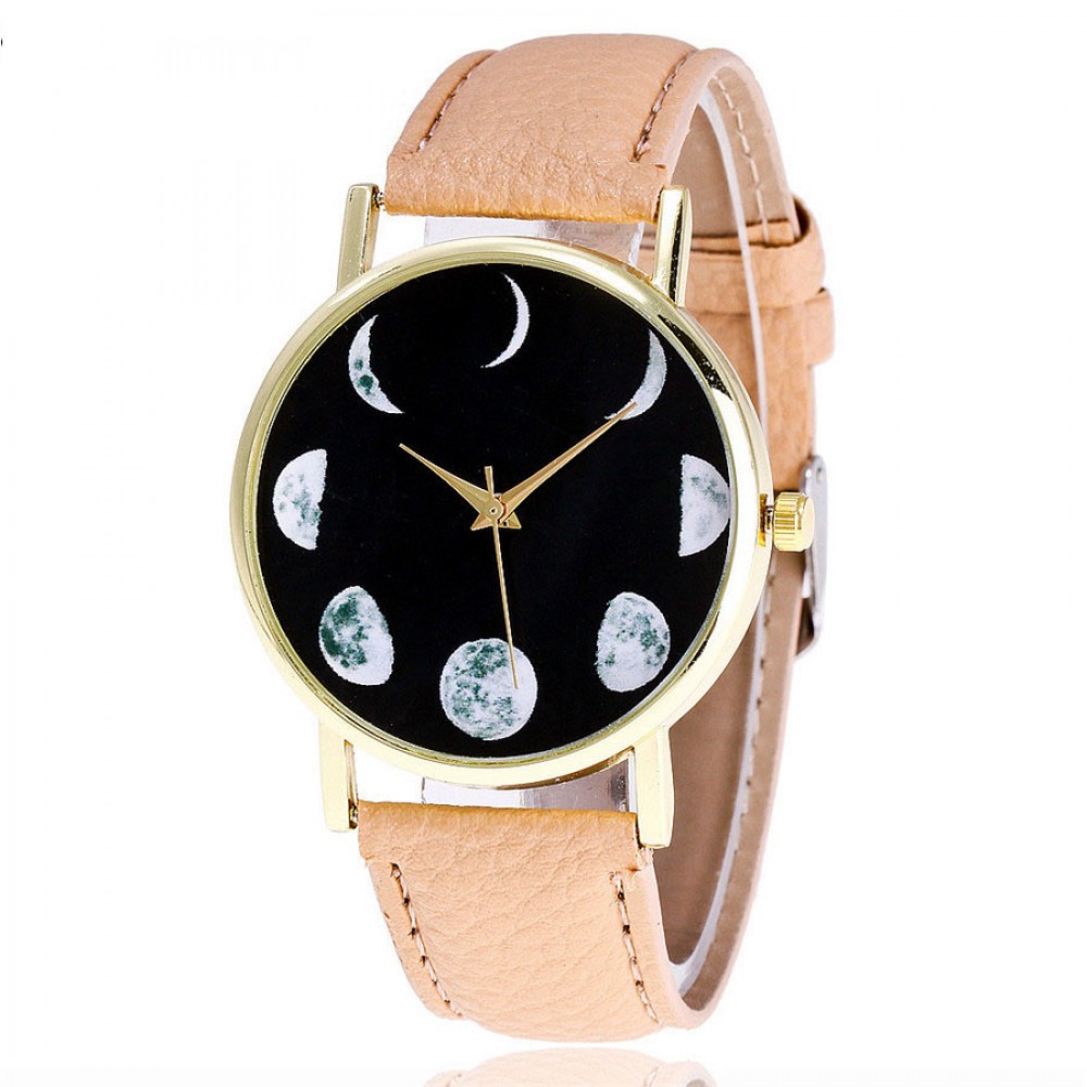 Fashion Wrist Watch Full-Grain Moon Pattern Watch with Leather Strap Band for Women
