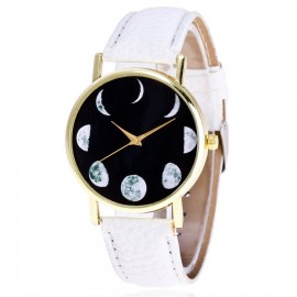 Fashion Wrist Watch Full-Grain Moon Pattern Watch with Leather Strap Band for Women 