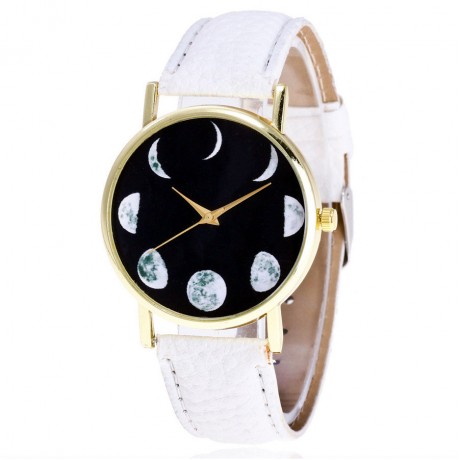 Fashion Wrist Watch Full-Grain Moon Pattern Watch with Leather Strap Band for Women