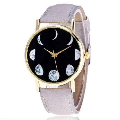 Fashion Wrist Watch Full-Grain Moon Pattern Watch with Leather Strap Band for Women