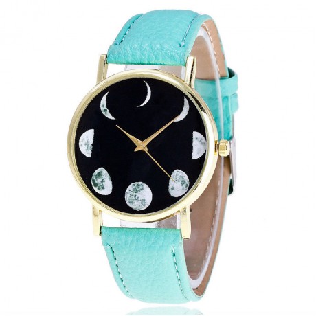 Fashion Wrist Watch Full-Grain Moon Pattern Watch with Leather Strap Band for Women