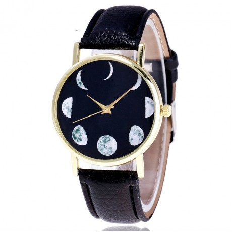 Fashion Wrist Watch Full-Grain Moon Pattern Watch with Leather Strap Band for Women