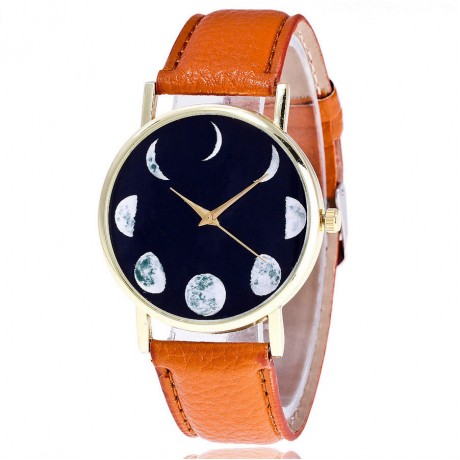 Fashion Wrist Watch Full-Grain Moon Pattern Watch with Leather Strap Band for Women
